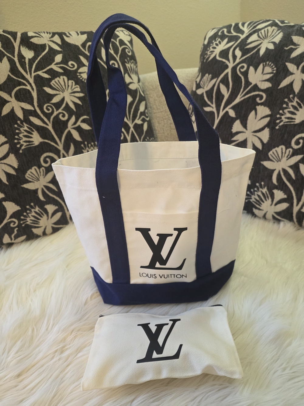 White and Navy Canvas Tote Bag with Pouch - 2 Pieces